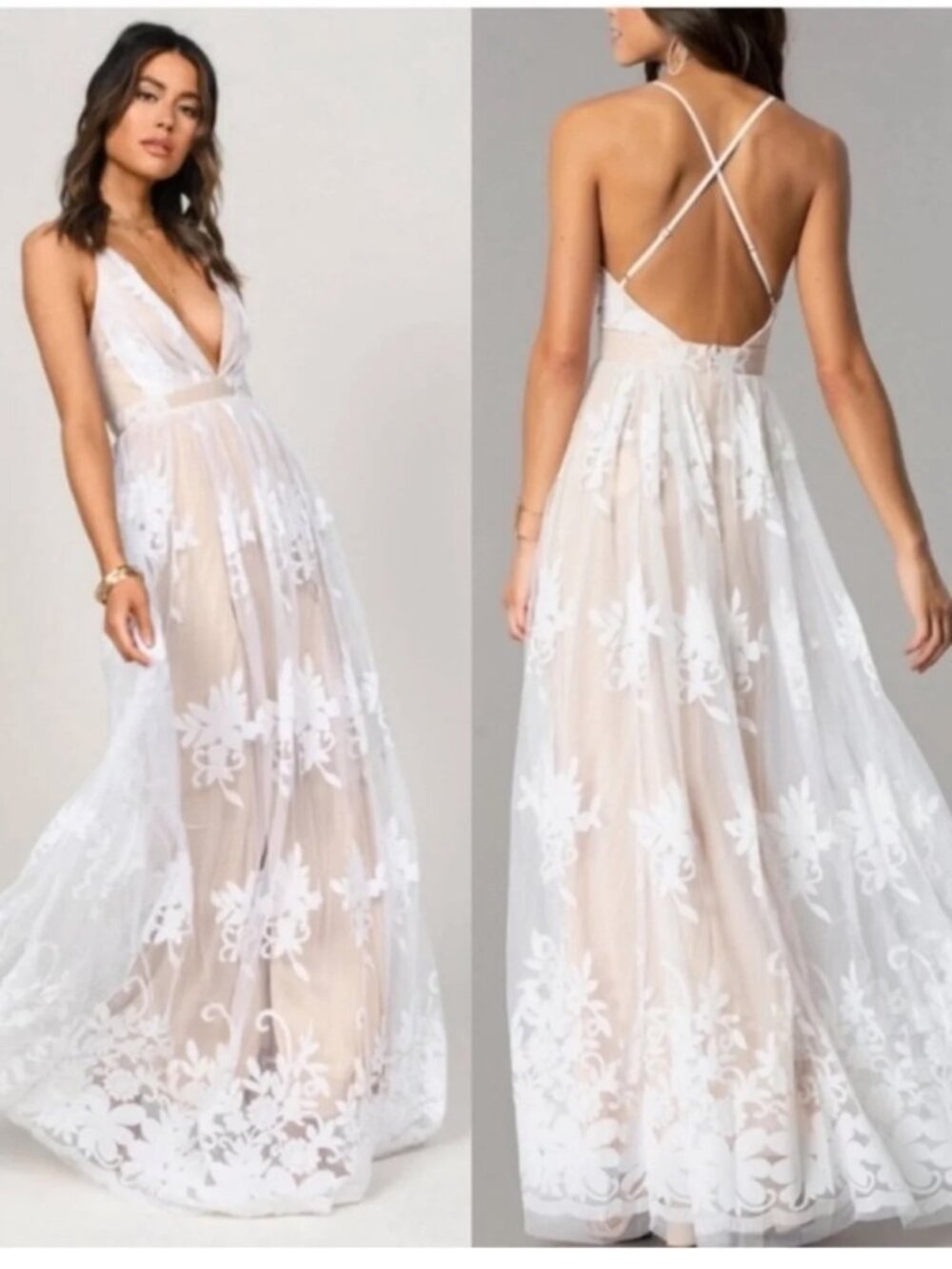 White Floral Lace Maxi Dress with Nude Underlayer — NWT, Size M